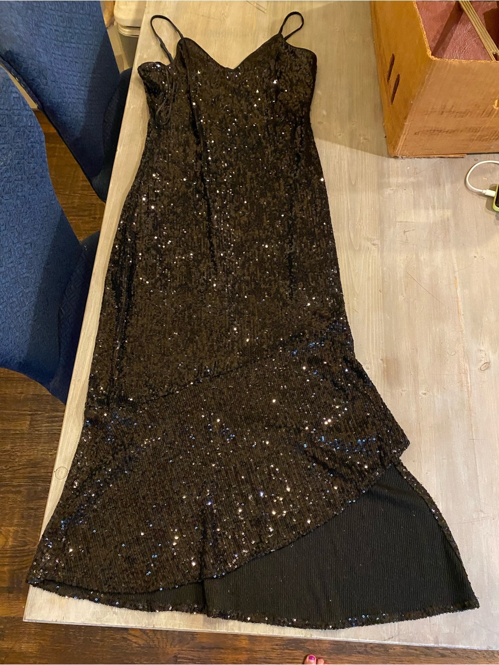 Express Black Sequin Spaghetti Strap Evening Gown